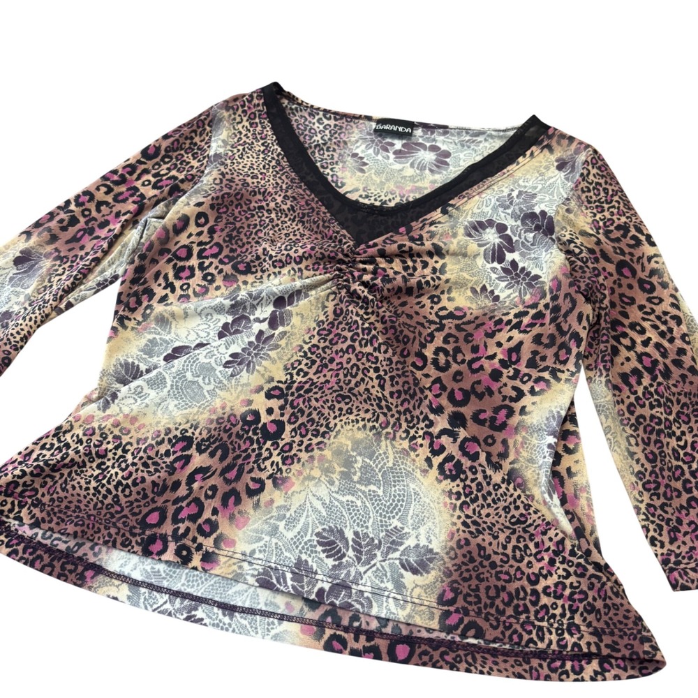 y2k baranda Leopard animal print Floral Mixed Print Ruched VNeck Mesh Top Pink L